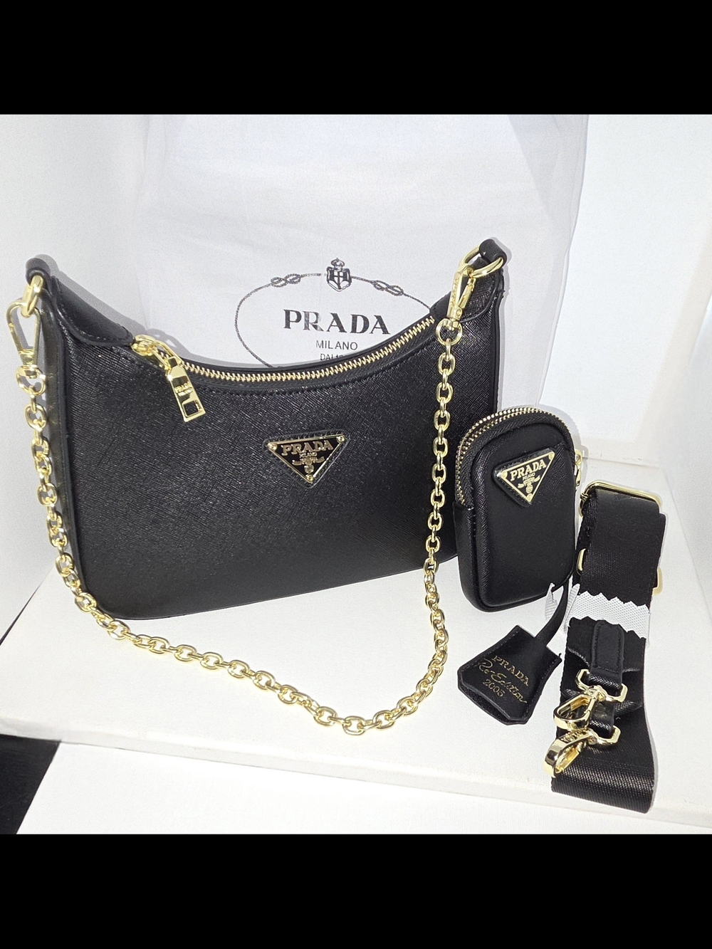 Prada Black Saffiano Leather Shoulder Bag with Gold Chain